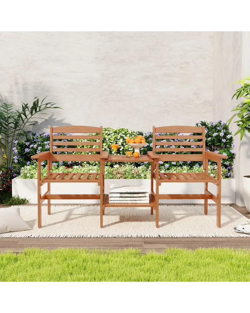 Outdoor Patio Wood 2-Seat Conversation Set with Coffee Table and Umbrella Hole - Natural - Patio Conversation Sets
