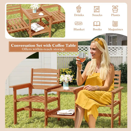 Outdoor Patio Wood 2-Seat Conversation Set with Coffee Table and Umbrella Hole - Natural - Patio Conversation Sets