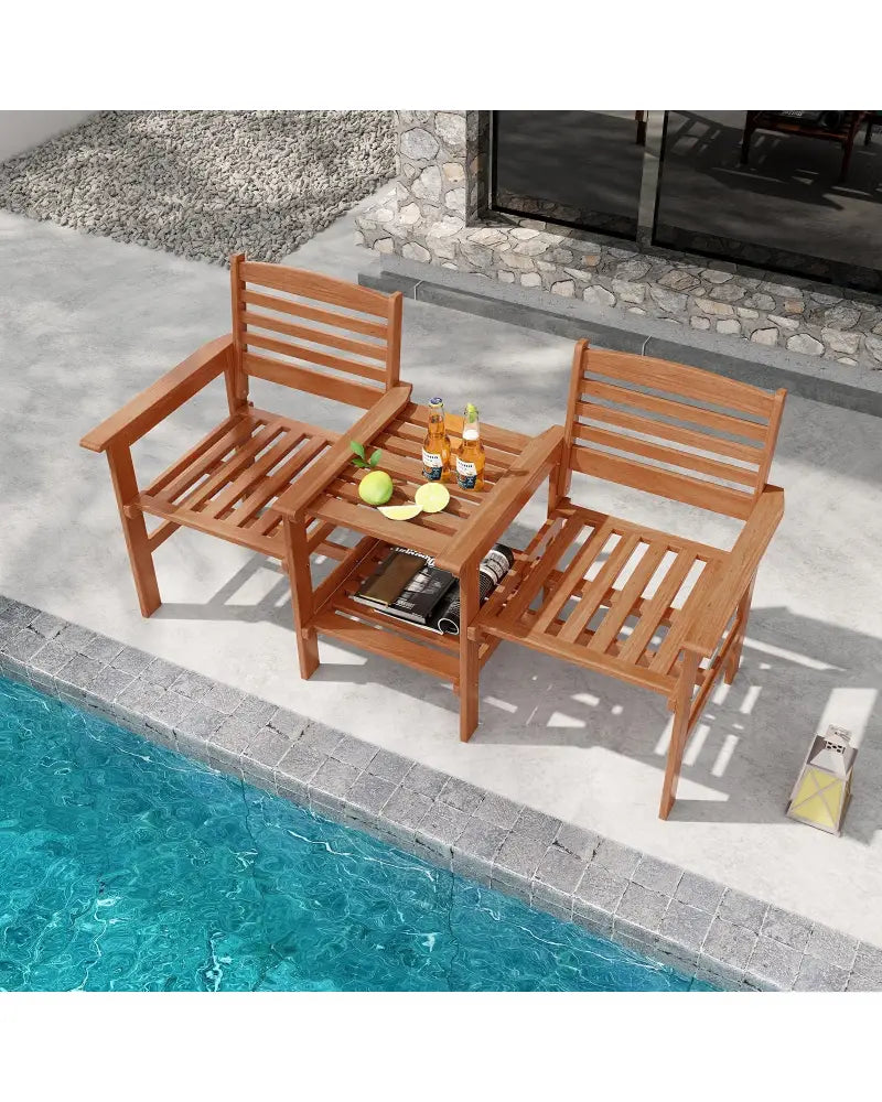 Outdoor Patio Wood 2-Seat Conversation Set with Coffee Table and Umbrella Hole - Natural - Patio Conversation Sets