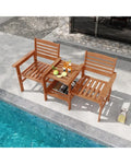 Outdoor Patio Wood 2-Seat Conversation Set with Coffee Table and Umbrella Hole - Natural - Patio Conversation Sets