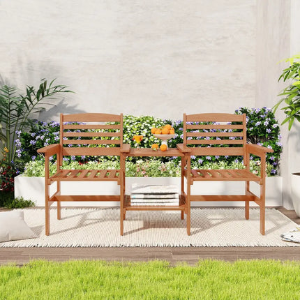 Outdoor Patio Wood 2-Seat Conversation Set with Coffee Table and Umbrella Hole - Natural - Patio Conversation Sets
