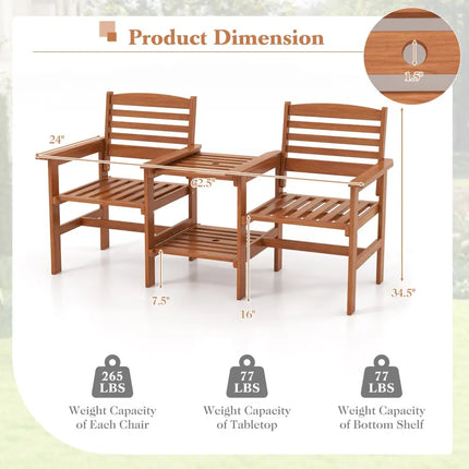 Outdoor Patio Wood 2-Seat Conversation Set with Coffee Table and Umbrella Hole - Natural - Patio Conversation Sets