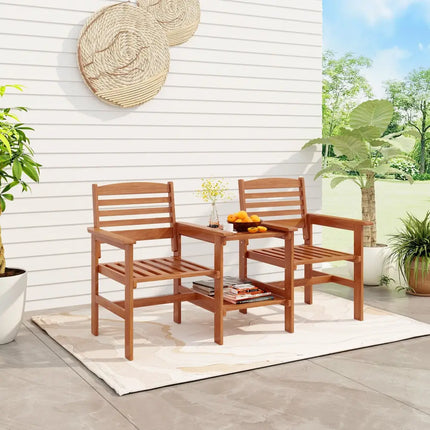 Outdoor Patio Wood 2-Seat Conversation Set with Coffee Table and Umbrella Hole - Natural - Patio Conversation Sets