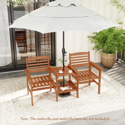 Outdoor Patio Wood 2-Seat Conversation Set with Coffee Table and Umbrella Hole - Natural - Patio Conversation Sets