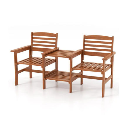 Outdoor Patio Wood 2-Seat Conversation Set with Coffee Table and Umbrella Hole - Natural - Patio Conversation Sets