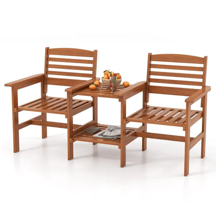 Outdoor Patio Wood 2-Seat Conversation Set with Coffee Table and Umbrella Hole - Natural - Patio Conversation Sets