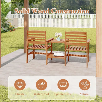 Outdoor Patio Wood 2-Seat Conversation Set with Coffee Table and Umbrella Hole - Natural - Patio Conversation Sets