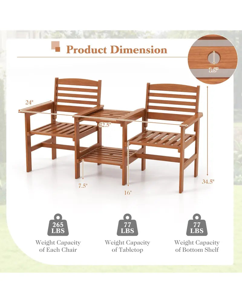 Outdoor Patio Wood 2-Seat Conversation Set with Coffee Table and Umbrella Hole - Natural - Patio Conversation Sets