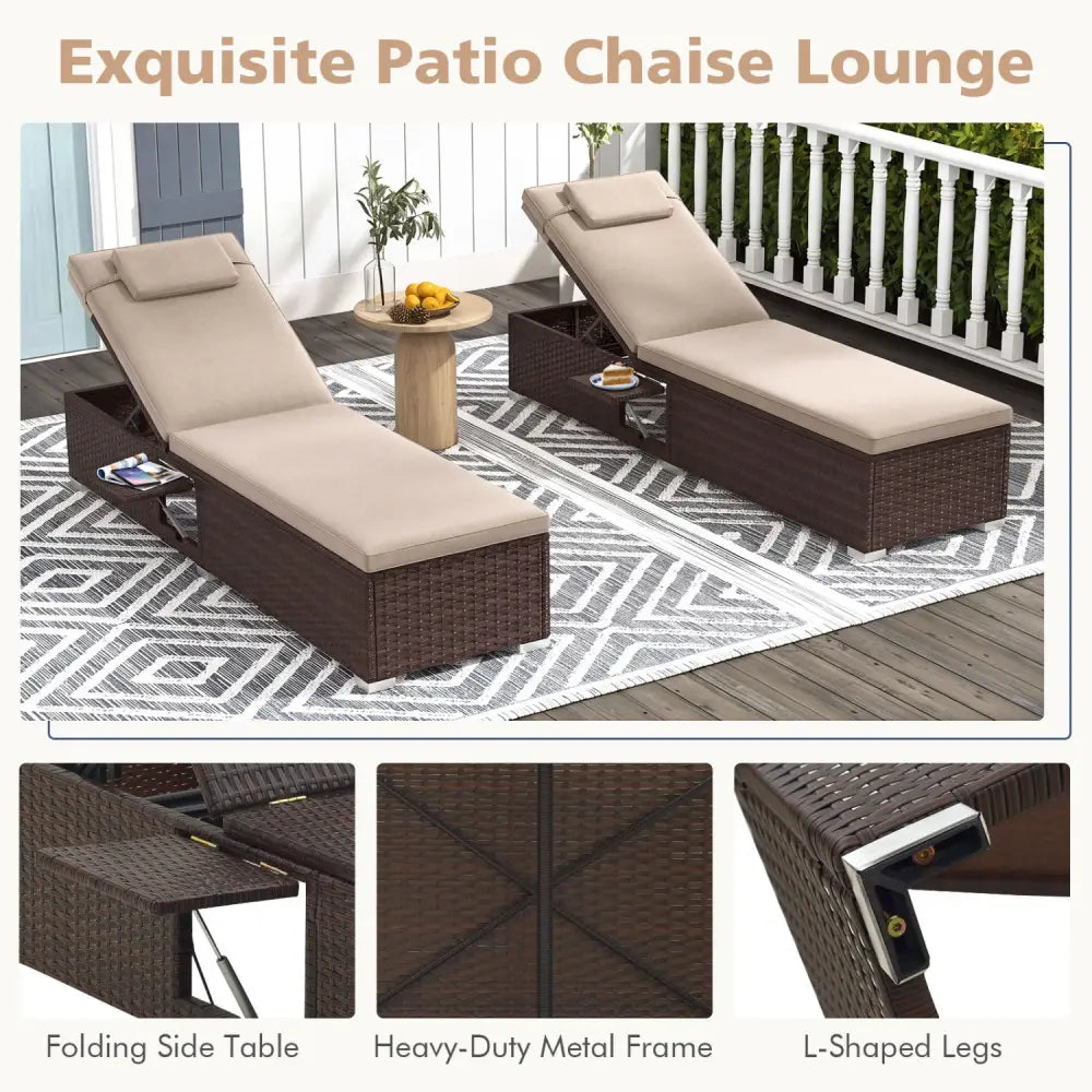 Outdoor PE Rattan Chaise Lounge with 6-Position Adjustable Backrest and Foldable Side Table-Brown - Brown - Outdoor