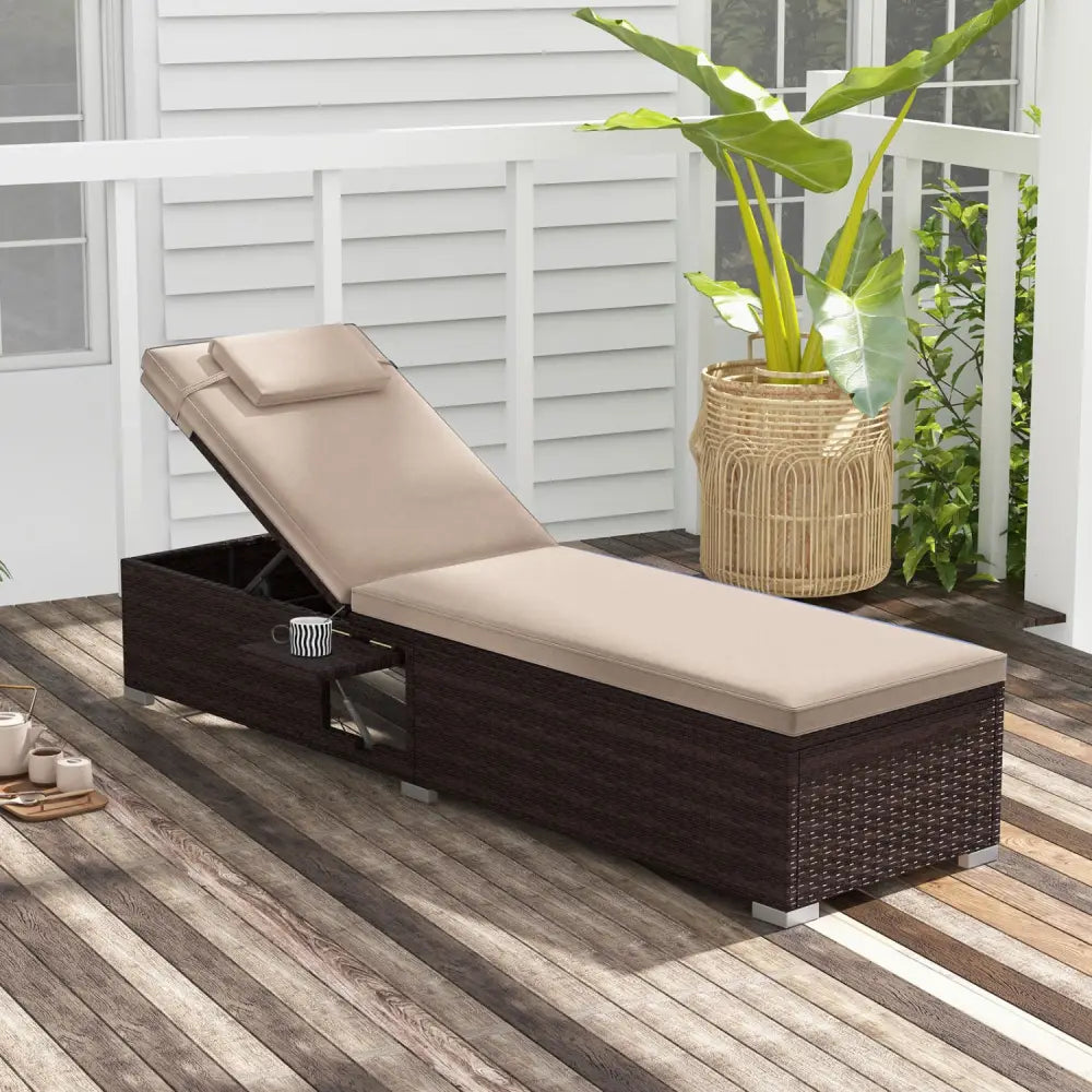 Outdoor PE Rattan Chaise Lounge with 6-Position Adjustable Backrest and Foldable Side Table-Brown - Brown - Outdoor