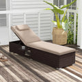 Outdoor PE Rattan Chaise Lounge with 6-Position Adjustable Backrest and Foldable Side Table-Brown - Brown - Outdoor