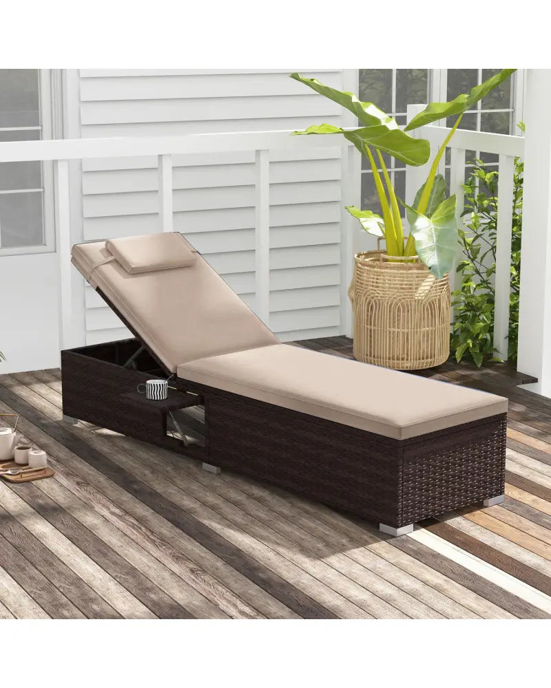 Outdoor PE Rattan Chaise Lounge with 6-Position Adjustable Backrest and Foldable Side Table-Brown - Brown - Outdoor
