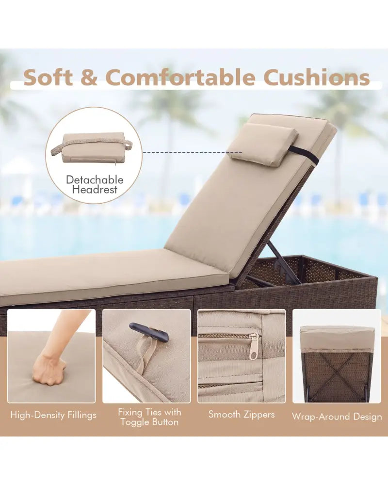 Outdoor PE Rattan Chaise Lounge with 6-Position Adjustable Backrest and Foldable Side Table-Brown - Brown - Outdoor