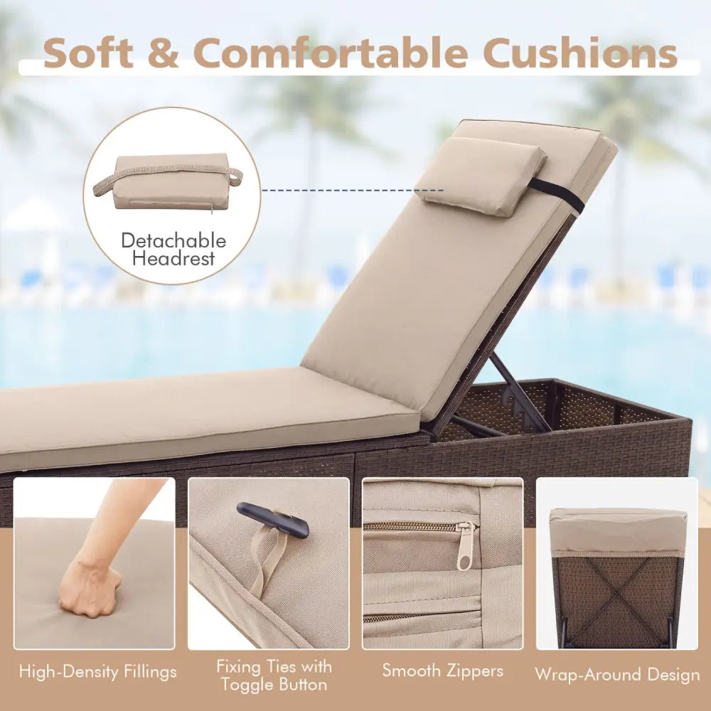 Outdoor PE Rattan Chaise Lounge with 6-Position Adjustable Backrest and Foldable Side Table-Brown - Brown - Outdoor