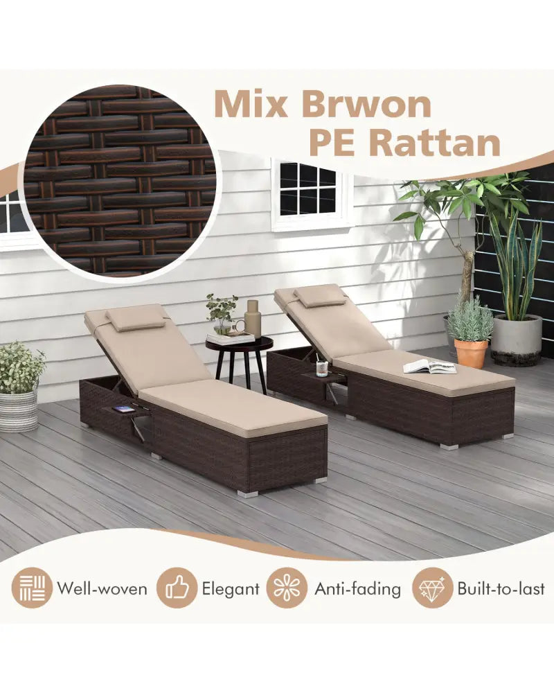 Outdoor PE Rattan Chaise Lounge with 6-Position Adjustable Backrest and Foldable Side Table-Brown - Brown - Outdoor