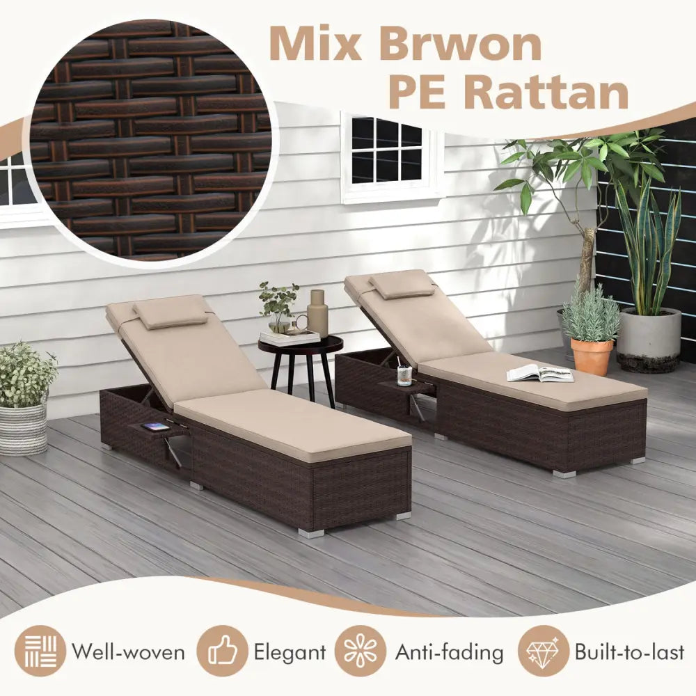 Outdoor PE Rattan Chaise Lounge with 6-Position Adjustable Backrest and Foldable Side Table-Brown - Brown - Outdoor
