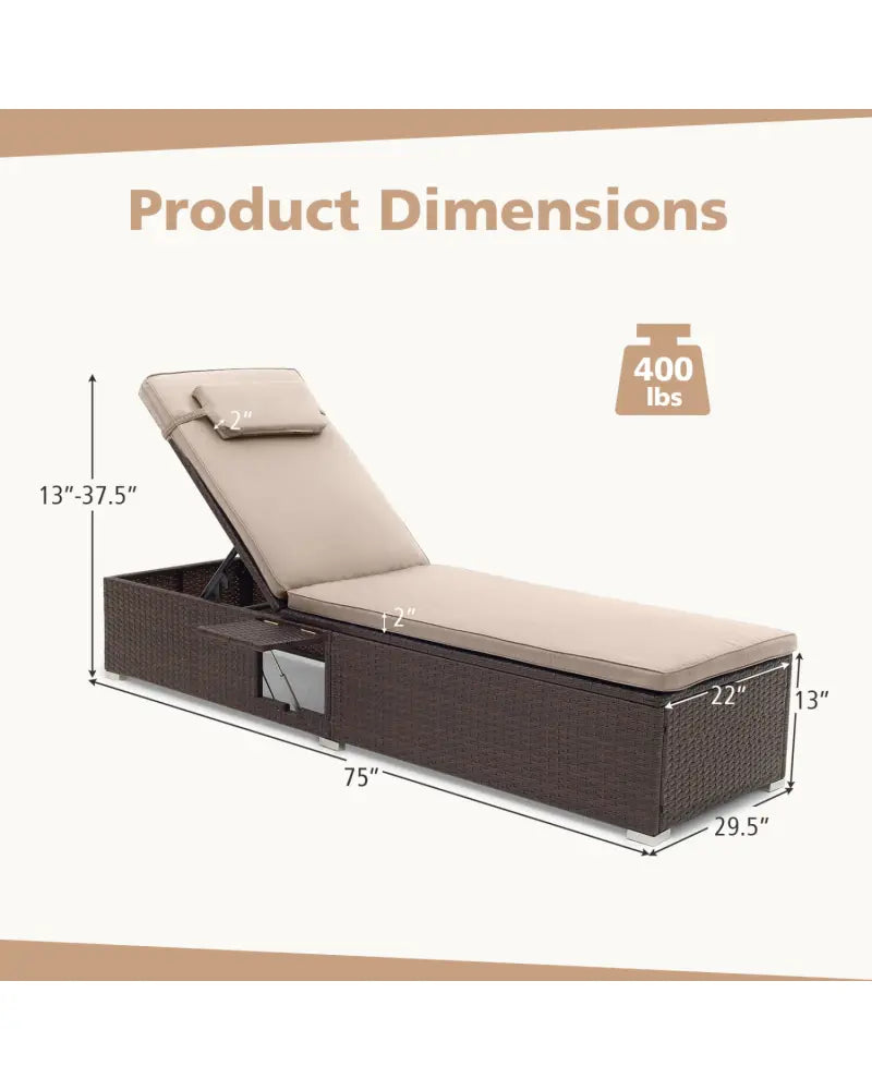 Outdoor PE Rattan Chaise Lounge with 6-Position Adjustable Backrest and Foldable Side Table-Brown - Brown - Outdoor