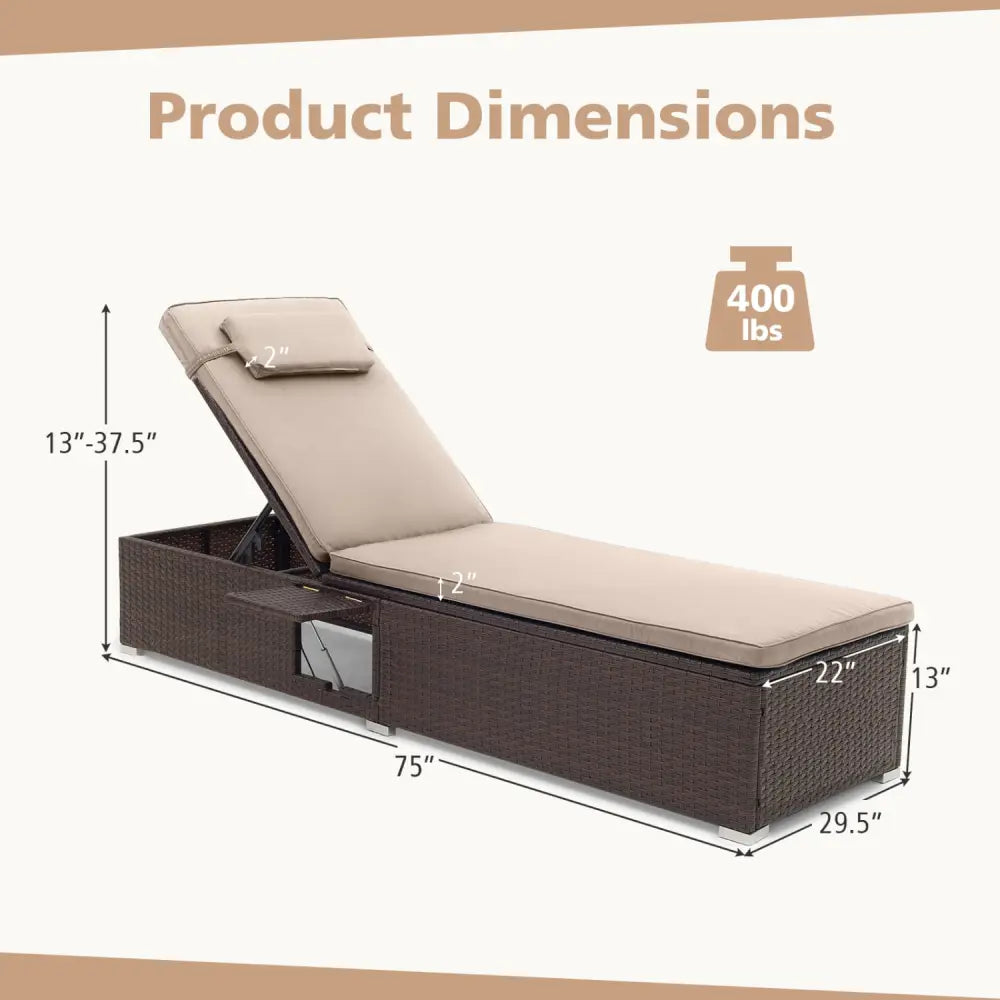 Outdoor PE Rattan Chaise Lounge with 6-Position Adjustable Backrest and Foldable Side Table-Brown - Brown - Outdoor