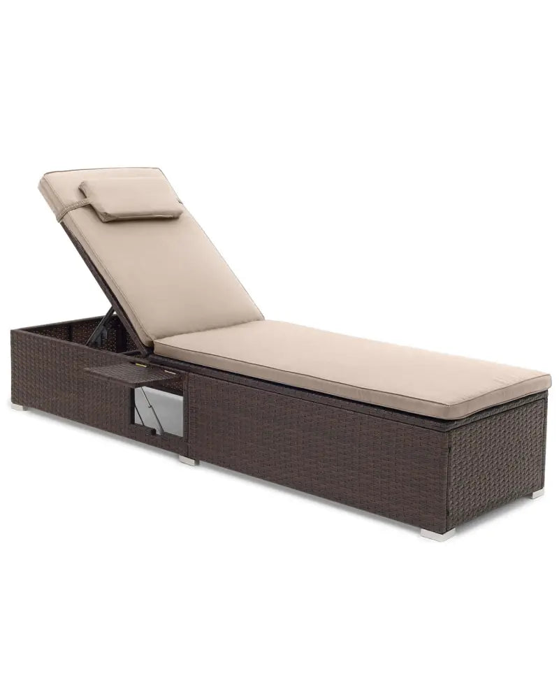 Outdoor PE Rattan Chaise Lounge with 6-Position Adjustable Backrest and Foldable Side Table-Brown - Brown - Outdoor