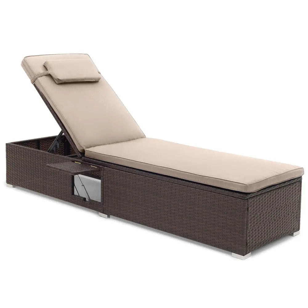 Outdoor PE Rattan Chaise Lounge with 6-Position Adjustable Backrest and Foldable Side Table-Brown - Brown - Outdoor