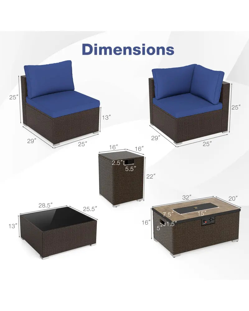 Outdoor PE Rattan Conversation Set with 32 Propane Fire Pit Table and Tank Holder-Navy - Navy - Patio Conversation Sets