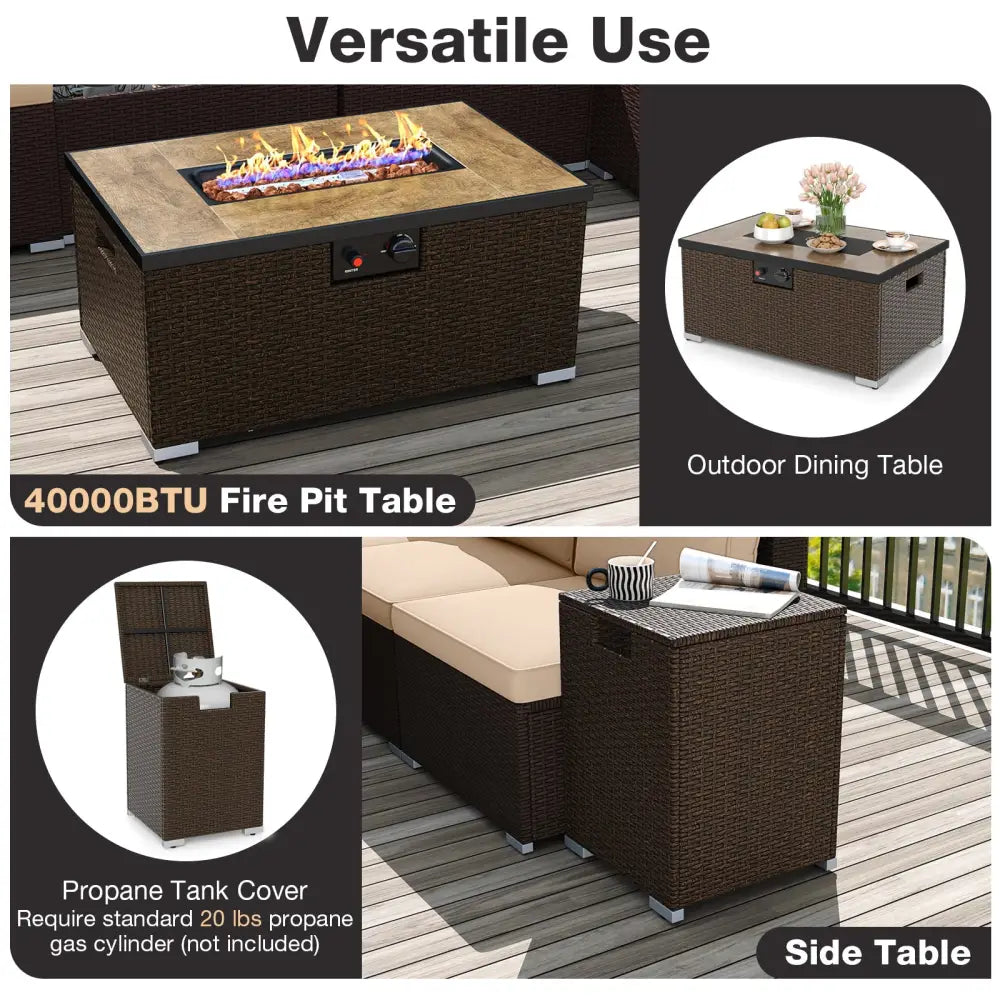 Outdoor PE Rattan Conversation Set with 32€ Propane Fire Pit Table and Tank Holder-Beige - Beige - Patio Conversation