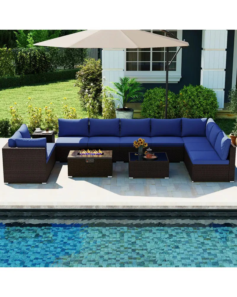 Outdoor PE Rattan Conversation Set with 32 Propane Fire Pit Table and Tank Holder-Navy - Navy - Patio Conversation Sets