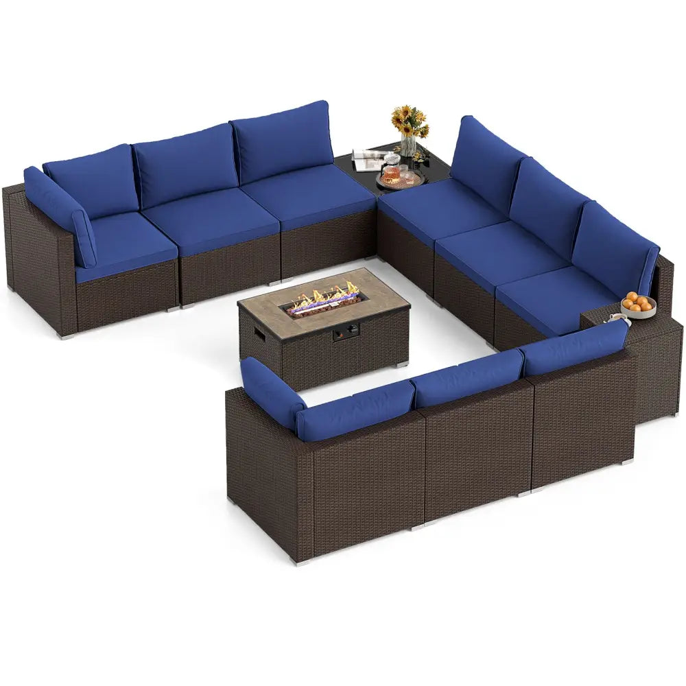 Outdoor PE Rattan Conversation Set with 32 Propane Fire Pit Table and Tank Holder-Navy - Navy - Patio Conversation Sets