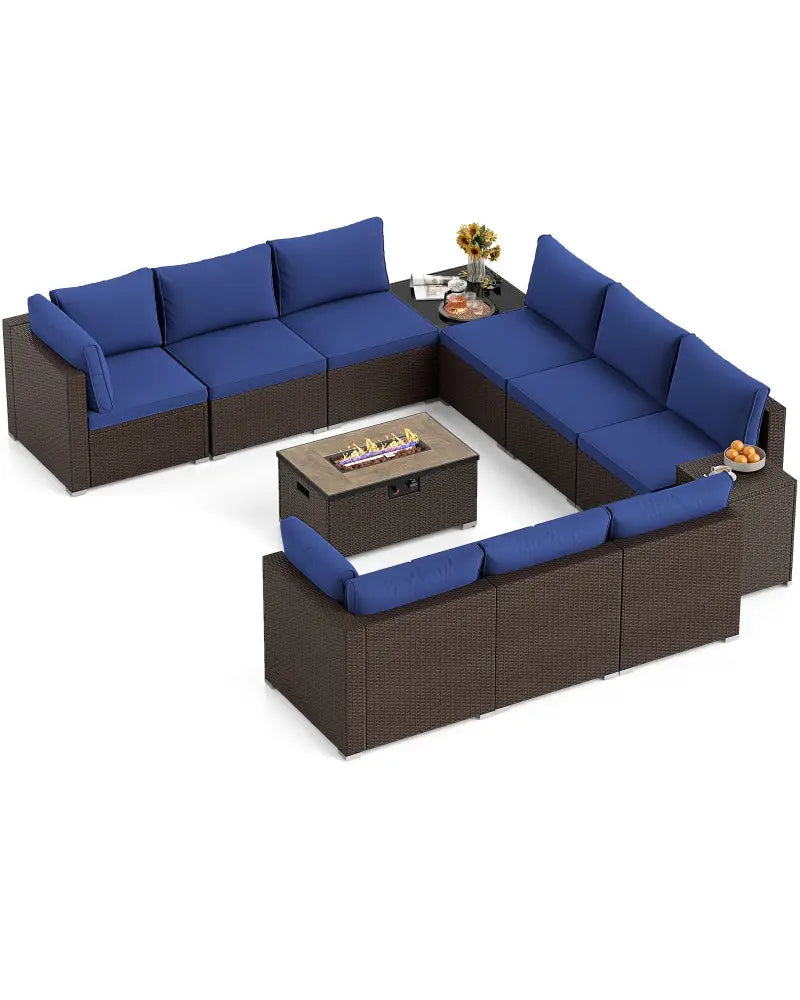 Outdoor PE Rattan Conversation Set with 32 Propane Fire Pit Table and Tank Holder-Navy - Navy - Patio Conversation Sets
