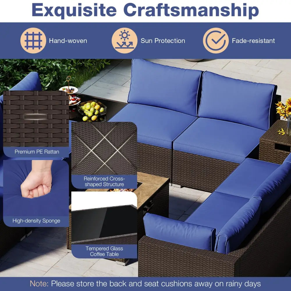 Outdoor PE Rattan Conversation Set with 32 Propane Fire Pit Table and Tank Holder-Navy - Navy - Patio Conversation Sets