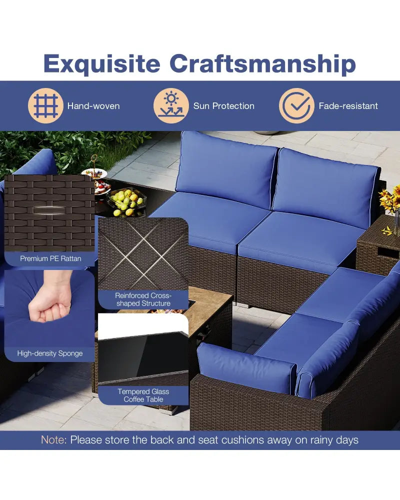 Outdoor PE Rattan Conversation Set with 32 Propane Fire Pit Table and Tank Holder-Navy - Navy - Patio Conversation Sets
