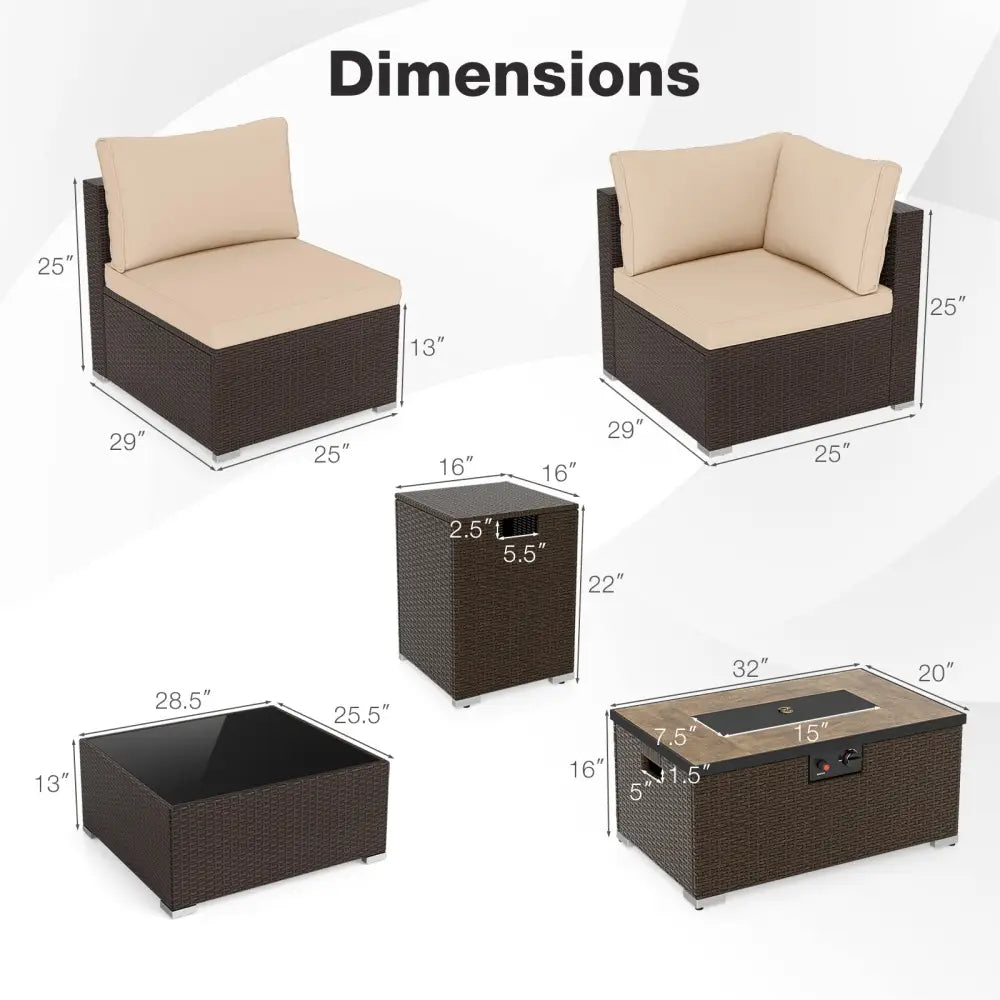 Outdoor PE Rattan Conversation Set with 32€ Propane Fire Pit Table and Tank Holder-Beige - Beige - Patio Conversation
