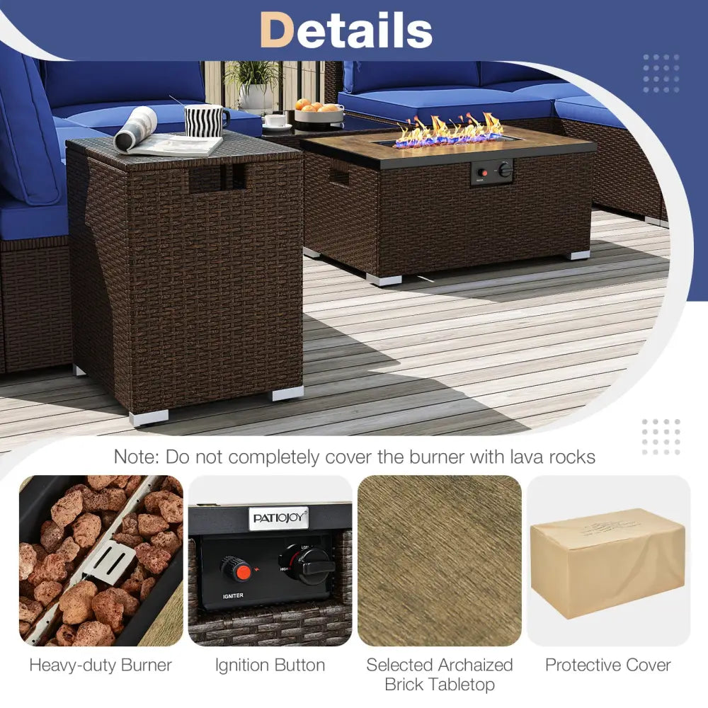 Outdoor PE Rattan Conversation Set with 32 Propane Fire Pit Table and Tank Holder-Navy - Navy - Patio Conversation Sets