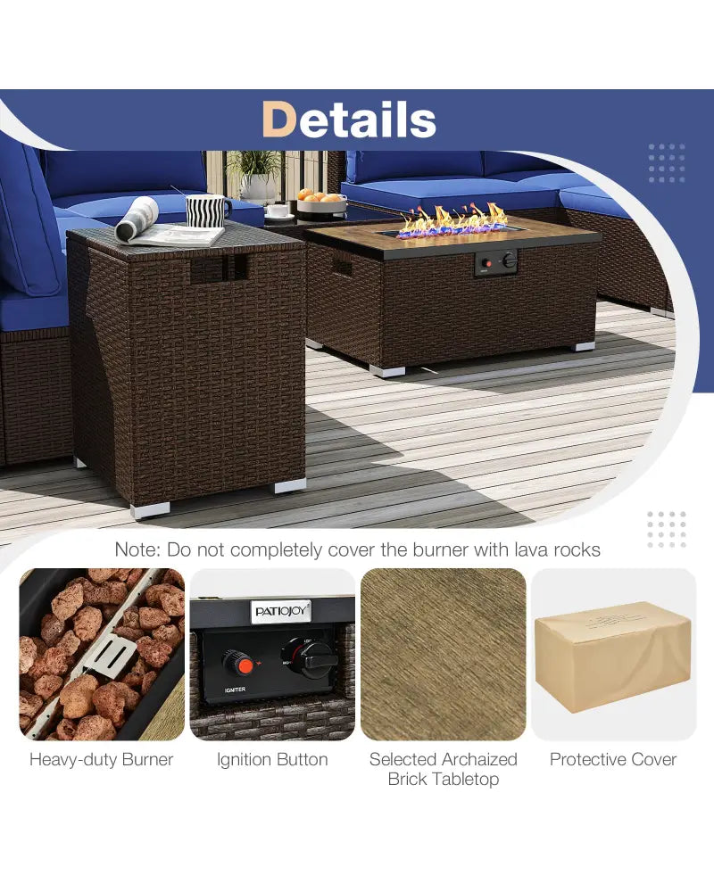 Outdoor PE Rattan Conversation Set with 32 Propane Fire Pit Table and Tank Holder-Navy - Navy - Patio Conversation Sets