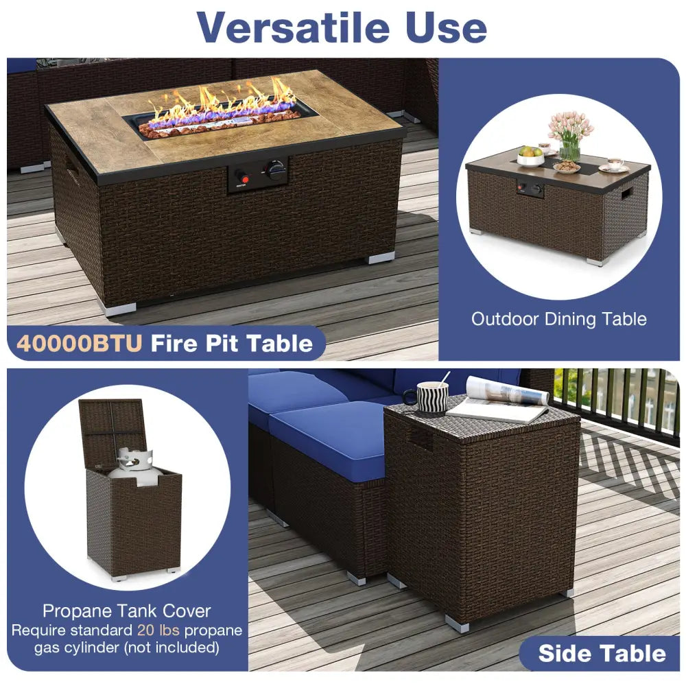 Outdoor PE Rattan Conversation Set with 32 Propane Fire Pit Table and Tank Holder-Navy - Navy - Patio Conversation Sets