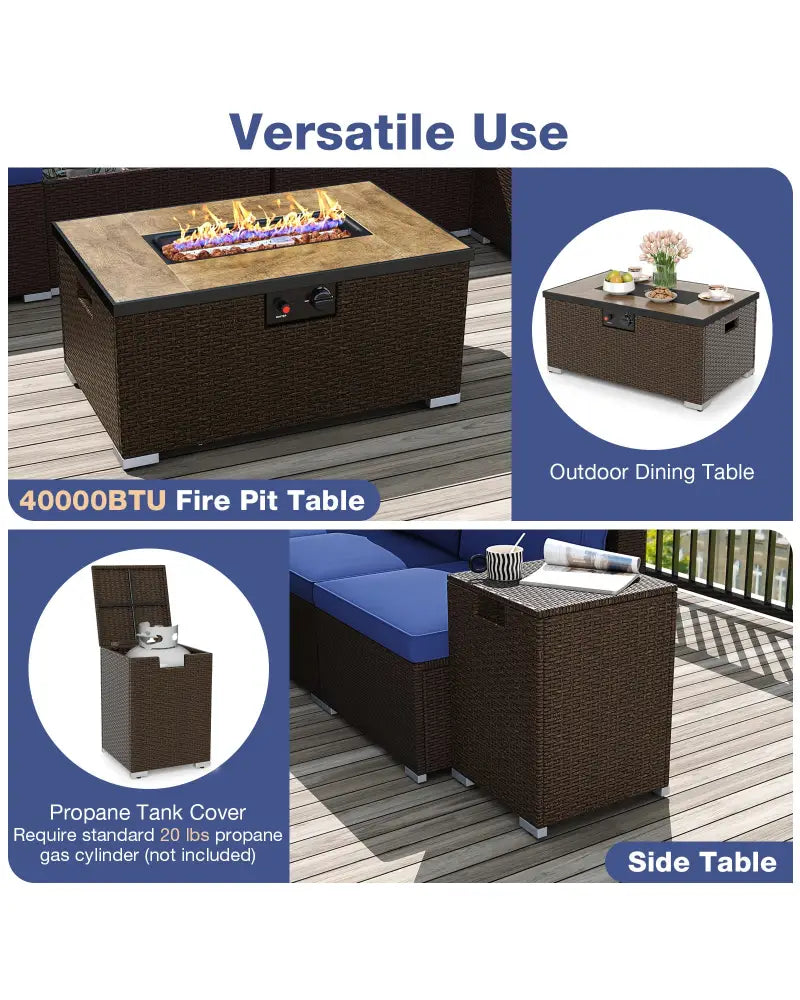 Outdoor PE Rattan Conversation Set with 32 Propane Fire Pit Table and Tank Holder-Navy - Navy - Patio Conversation Sets