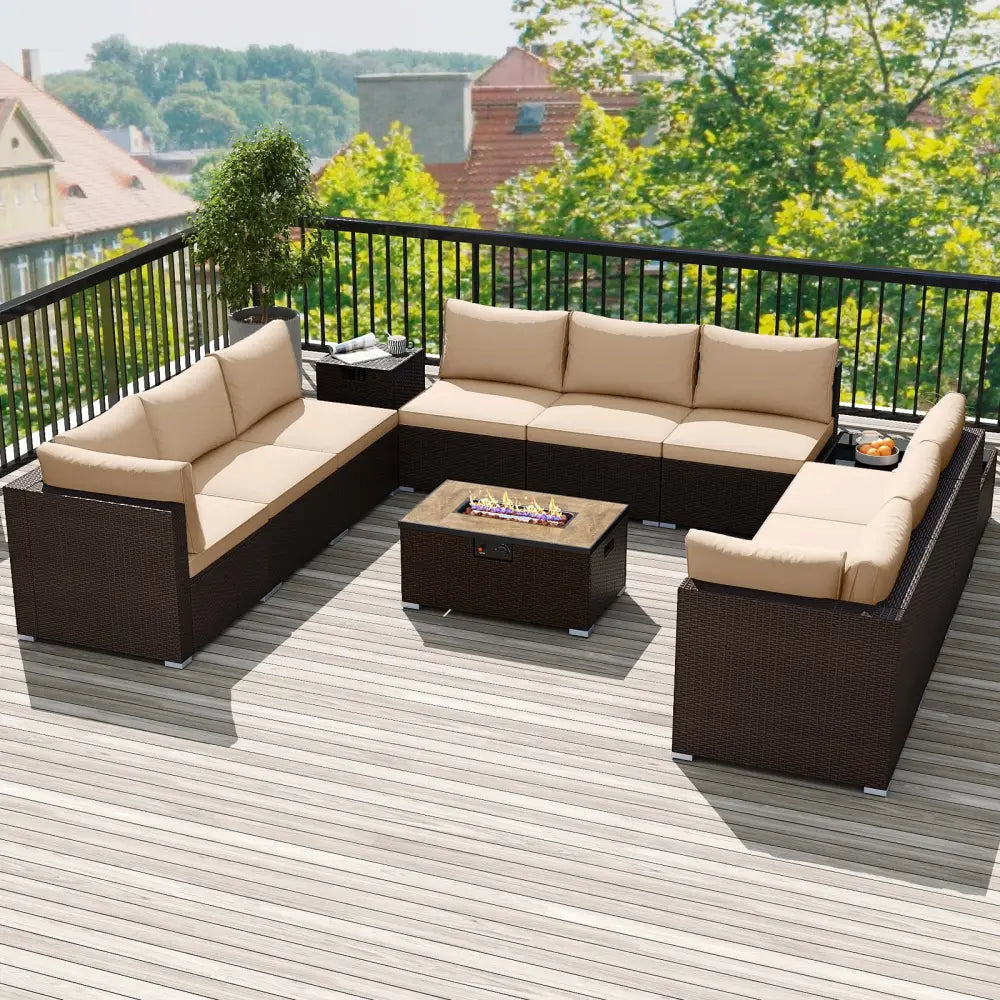 Outdoor PE Rattan Conversation Set with 32€ Propane Fire Pit Table and Tank Holder-Beige - Beige - Patio Conversation