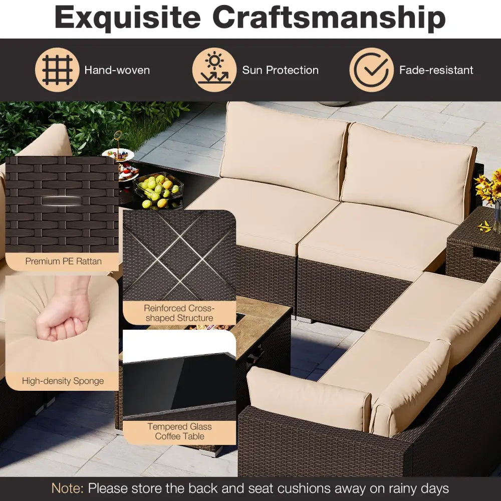 Outdoor PE Rattan Conversation Set with 32€ Propane Fire Pit Table and Tank Holder-Beige - Beige - Patio Conversation