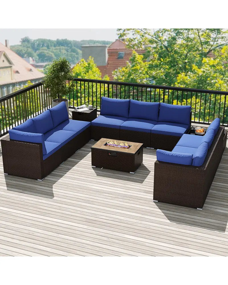 Outdoor PE Rattan Conversation Set with 32 Propane Fire Pit Table and Tank Holder-Navy - Navy - Patio Conversation Sets