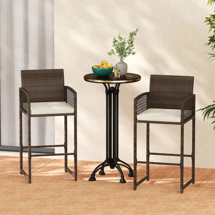 Outdoor PE Wicker Bar Stools Set of 2 Patio Bar Height Chairs with Cushions-White - White - Patio Bar Furniture