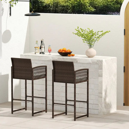 Outdoor PE Wicker Bar Stools Set of 2 Patio Bar Height Chairs with Cushions-White - White - Patio Bar Furniture