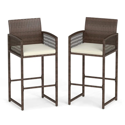Outdoor PE Wicker Bar Stools Set of 2 Patio Bar Height Chairs with Cushions-White - White - Patio Bar Furniture