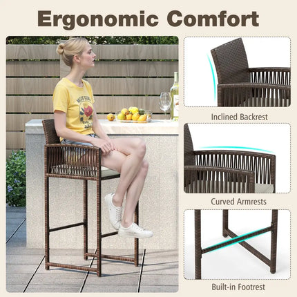Outdoor PE Wicker Bar Stools Set of 2 Patio Bar Height Chairs with Cushions-White - White - Patio Bar Furniture