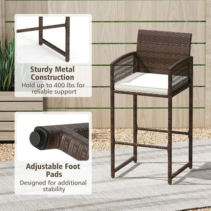 Outdoor PE Wicker Bar Stools Set of 2 Patio Bar Height Chairs with Cushions-White - White - Patio Bar Furniture