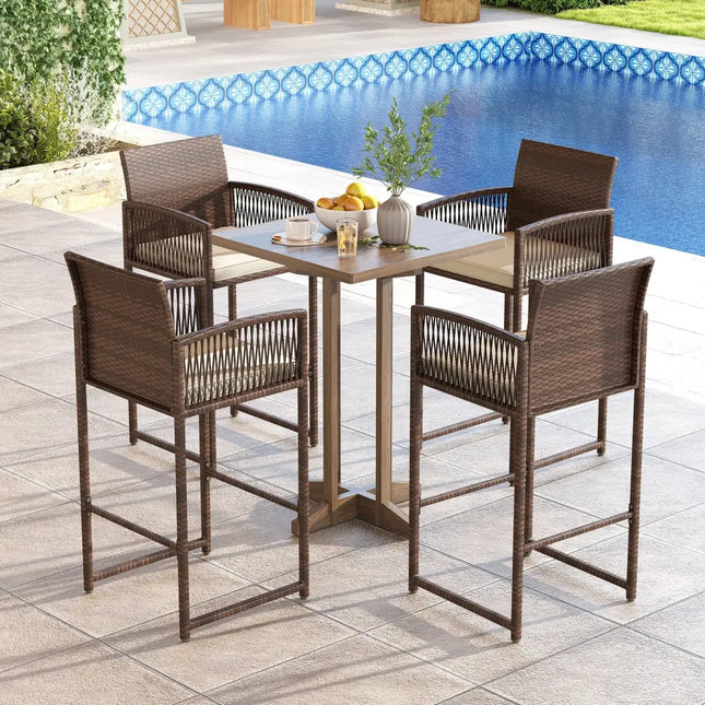 Outdoor PE Wicker Bar Stools Set of 2 Patio Bar Height Chairs with Cushions-White - White - Patio Bar Furniture