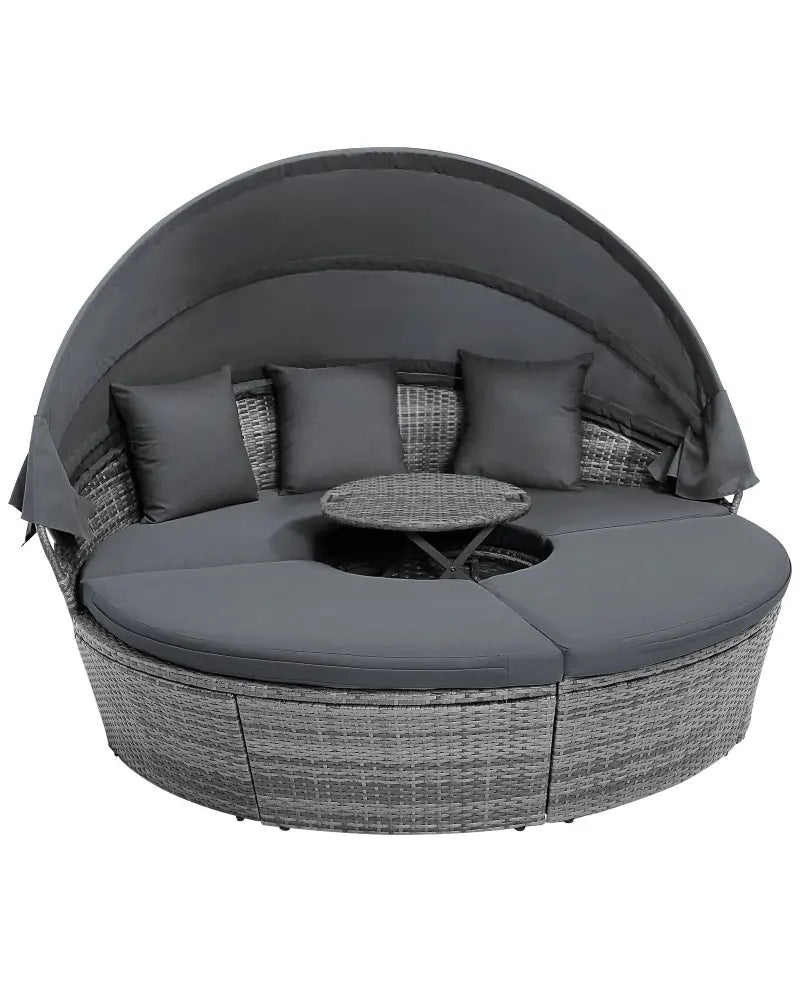 Outdoor PE Wicker Round Daybed with Retractable Canopy and Cushions-Gray - Gray - Outdoor Sectionals