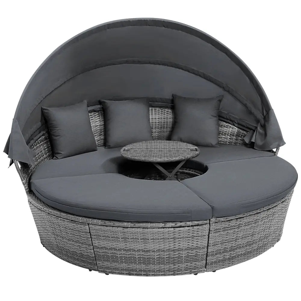 Outdoor PE Wicker Round Daybed with Retractable Canopy and Cushions-Gray - Gray - Outdoor Sectionals