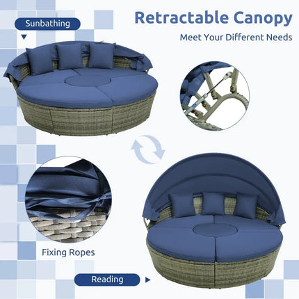 Outdoor PE Wicker Round Daybed with Retractable Canopy and Cushions-Navy - Navy - Outdoor Sectionals