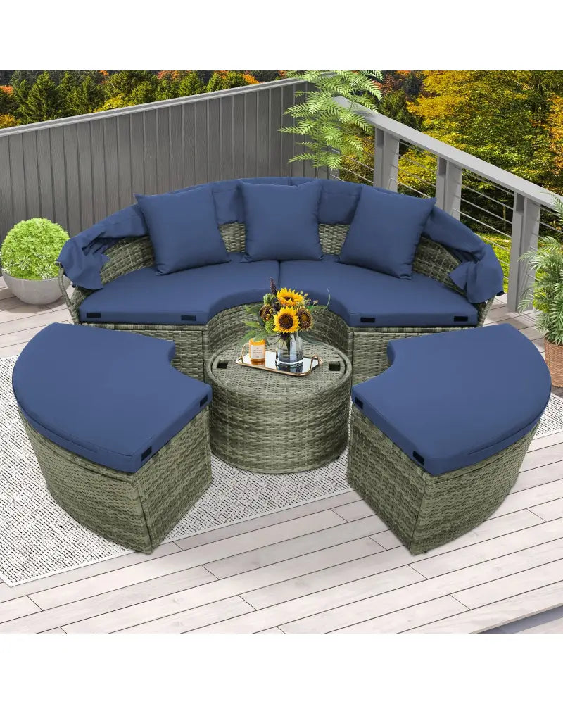 Outdoor PE Wicker Round Daybed with Retractable Canopy and Cushions-Navy - Navy - Outdoor Sectionals