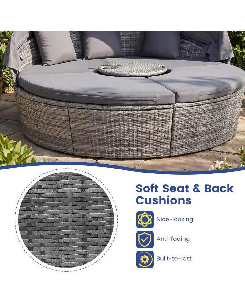 Outdoor PE Wicker Round Daybed with Retractable Canopy and Cushions-Gray - Gray - Outdoor Sectionals